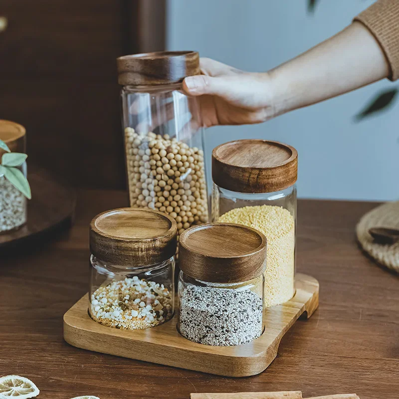 Food Storage Containers Glass - وعاء زجاجي بغطاء خشبي ، علبة